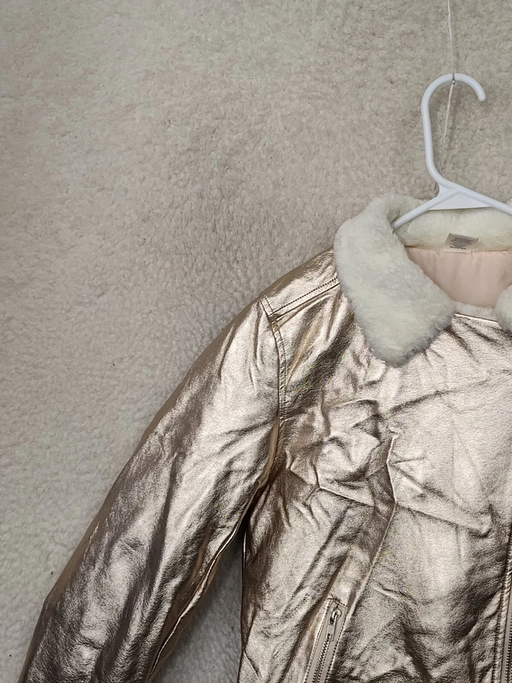 Arizona Jean Co Girls Jacket Extra Large Metallic Rose Faux Fur Faux Leather Zip - Image 3 of 4