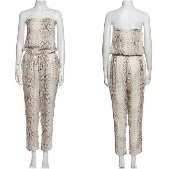 HAUTE HIPPIE Taupe Python Snake Print Silk Strapless Crop Pant Jumpsuit L = 10 - Image 2 of 4