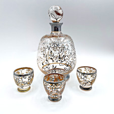 Sterling Silver Overlay Decanter & Cordials Set Antique Czech Art Glass VTG 1915