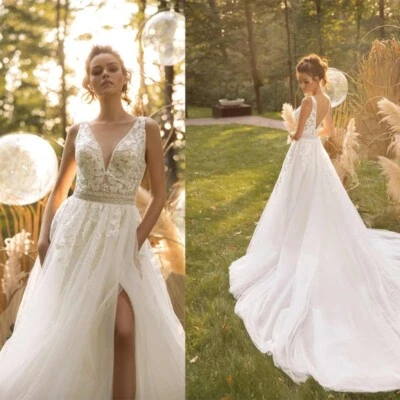Brautkleid Hochzeitskleid V-Ausschnitt Leckage Zurück A-Linie Weiß Ivory 44 46 - Bild 1 von 4
