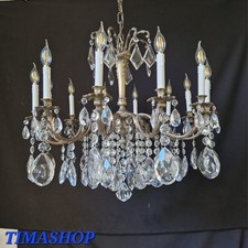 Antique Vintage French Chandelier Brass & Crystals Ceiling Light 12 Arms Ø 78 cm