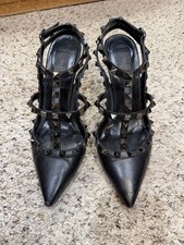 Valentino Black Leather Rock Stud Strappy Ankle Strap Pointed Toe Pumps