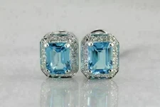 3Ct Emerald Cut Blue Topaz Omega Back Halo Stud Earrings 14K White Gold Finish