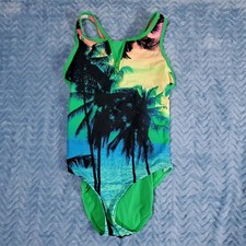 Girls Tropical Swimsuit Bright Neon Green Retro 90s Style size Large 10/12