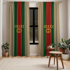 Gucci Style Curtain Beige GG Logo Black Print Red Green Stripe Window Decor