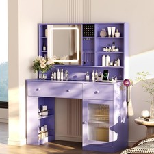 Vanity Desk with Sliding Mirror and Lights Glass Top Makeup Vanity Table