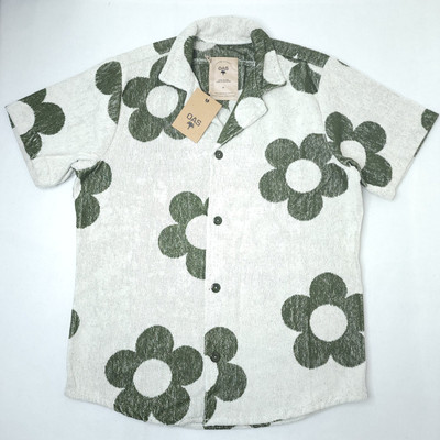 OAS Meadow Terry Cloth After Swim Vacation Shirt Mens Size M Green / Ivory NWT