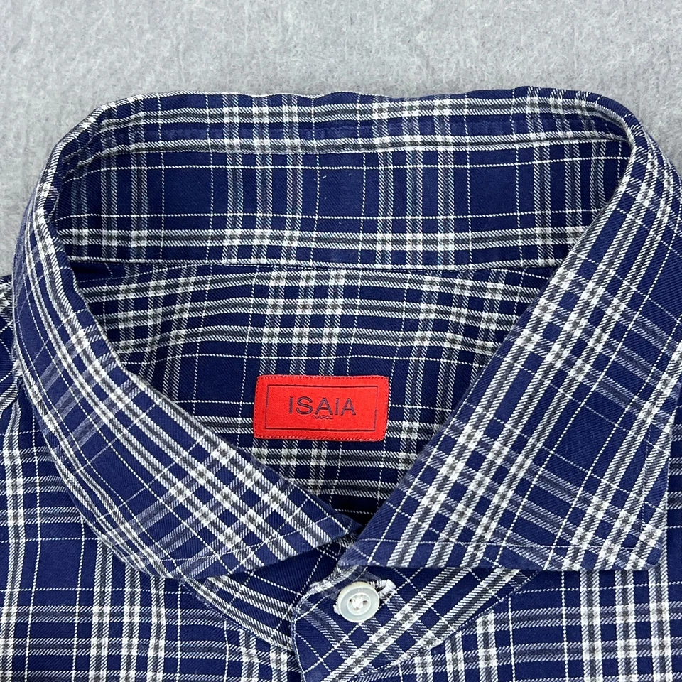 ISAIA Napoli Dress Shirt Men's 18-45 Blue Plaid Long Sleeve Made in Italy Check - Image 2 of 4