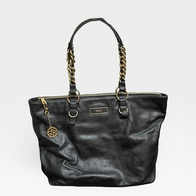 DKNY Black Leather Tote Purse Gold Chain Strap Shoulder Bag Large Modern Work