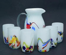 7 PC SET VINTAGE RAINBOW DANDONG DALIAN SWIRL PITCHER CUPS CASED GLASS