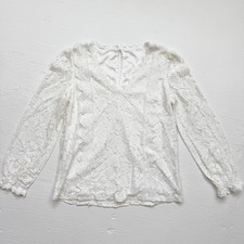 White Lace Long Sleeve Blouse V-Neck Sheer Lined, Size Small