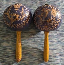 Vintage Hand Carved, Handmade Maracas With Etched Design, Queen And Jungle
