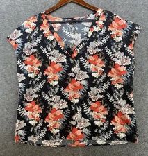 Shein Blouse Black Pink Floral Flowers Cap Short Sleeve V-Neck Top Womens Large