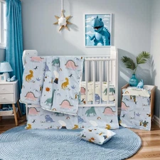 Roar Dinosaurs Baby Nursery Crib Bedding Set for Boys 100% Soft Cotton Crib Q...