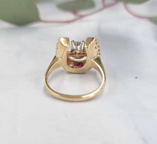 2Ct Round Lab Created Ruby & Diamond Lucky Horseshoe Ring 14k Yellow Gold Finish - Picture 3 of 6