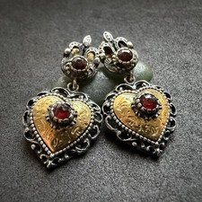 Vintage Tracht Herz Ohrringe 835 Silber vergoldet Granat Silberschmiedearbeit