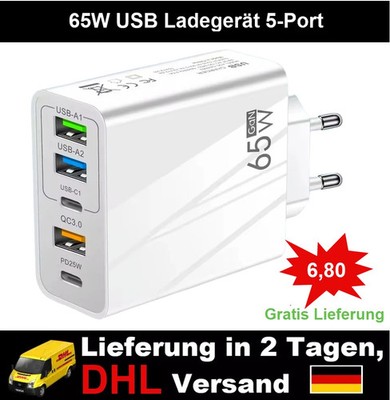USB 5 Port Schnell Ladegerät  für iPhone, Samsung, Xiaomi Huwai Weiß