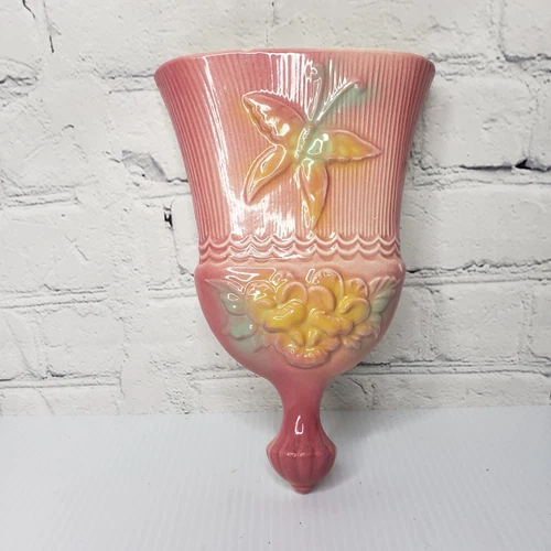 Vtg Hull Art Pottery Pink Sunglow Whisk Broom Wall Pocket USA Pansy Butterfly