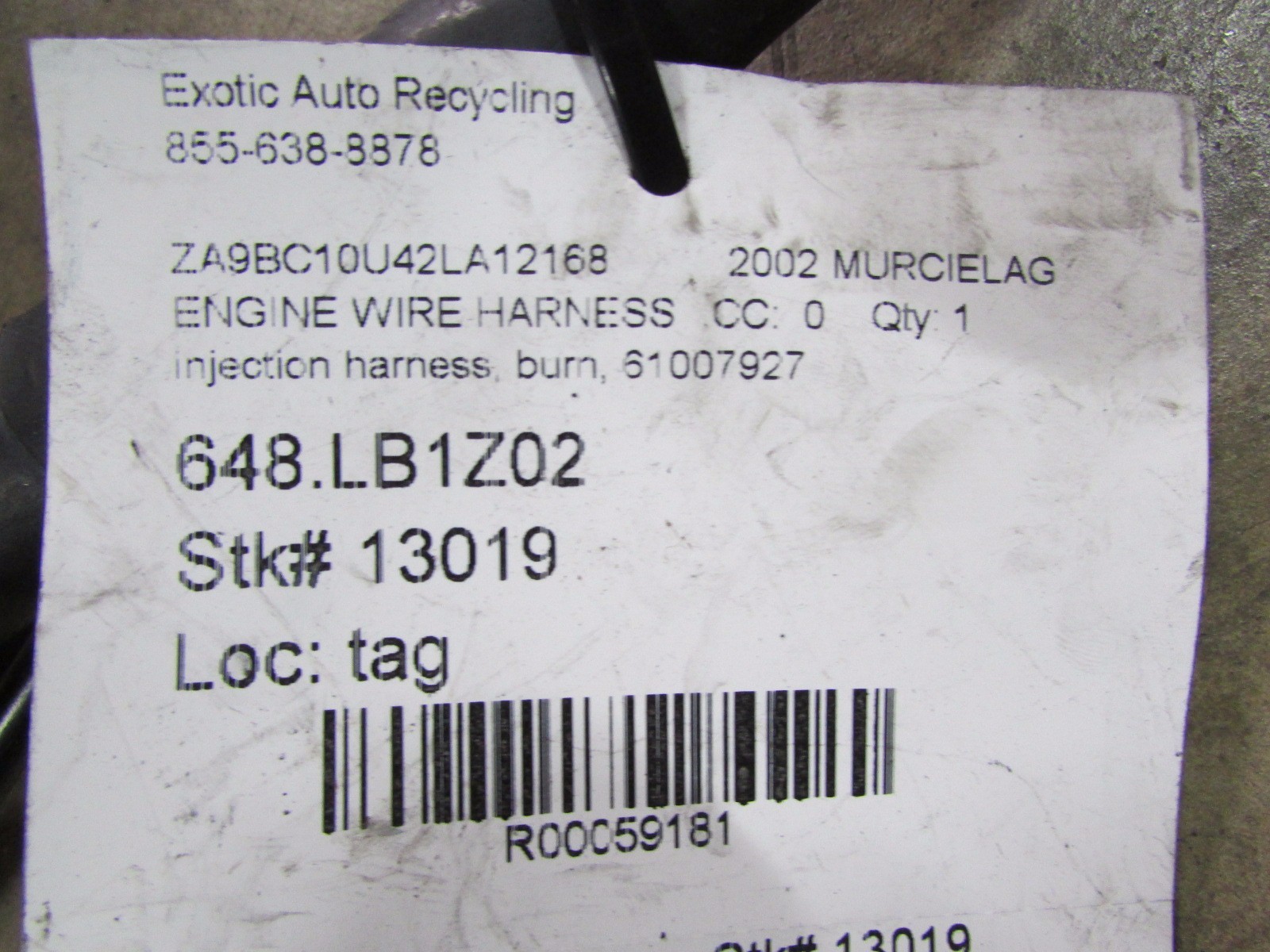 Lamborghini Murcielago Coupe, Injection Wiring Harness, Used, P/N 61007927