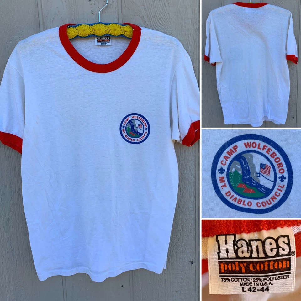 Vintage Camp Wolfeboro Mt Diablo Council Ringer Tee Boy Scouts BSA T Shirt 80s L - Image 3 of 4