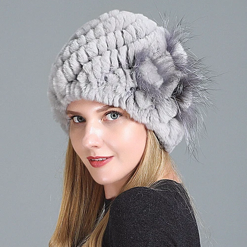 Damen Echt Rex Kaninchenfell Beanie Mütze Winter Warm Mütze mit Fuchs Handarbeit Geflochten - Bild 49 von 52
