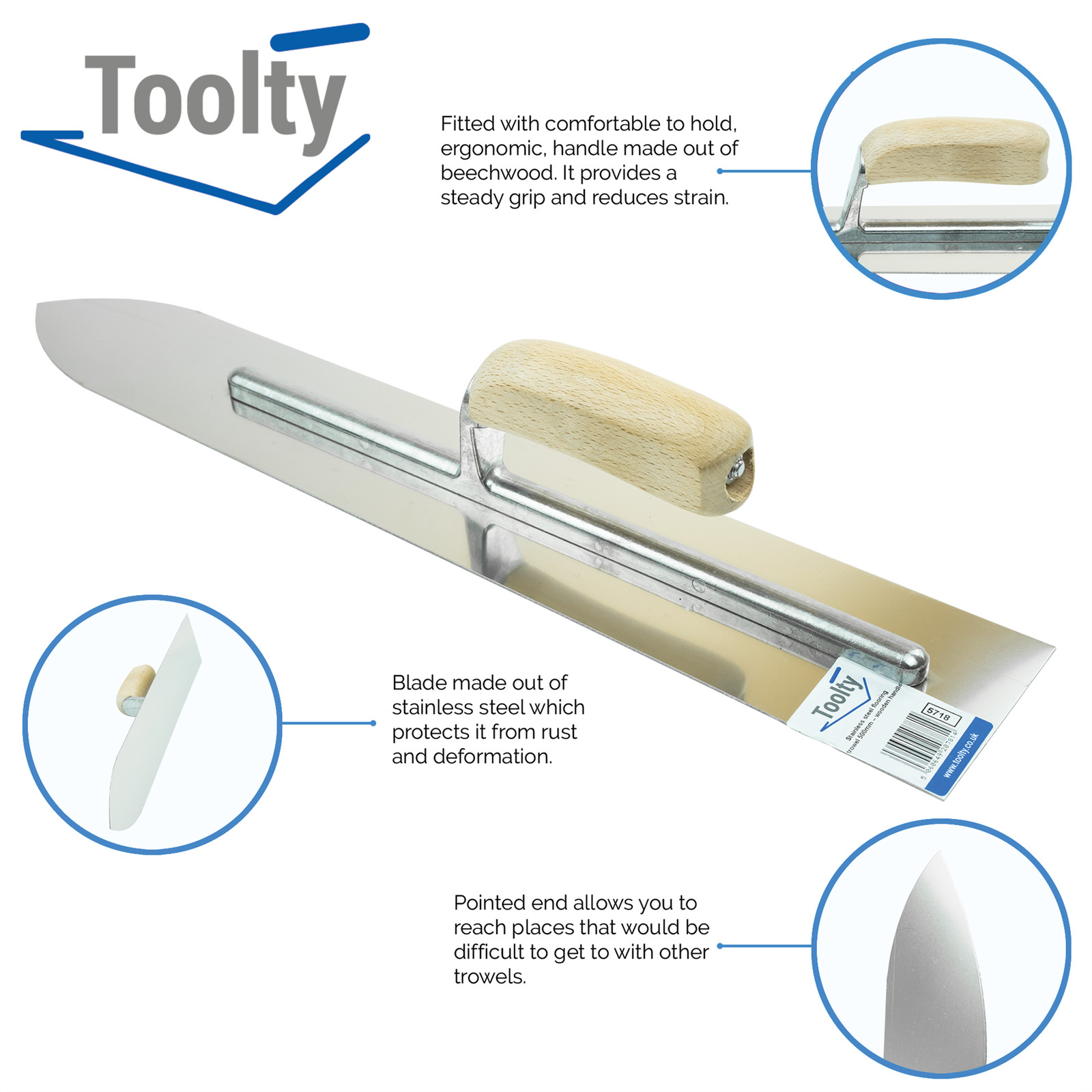 TOOLTY Stainless Steel Pointed Flooring Trowel For Screeds 500mm Wooden Grip DIY