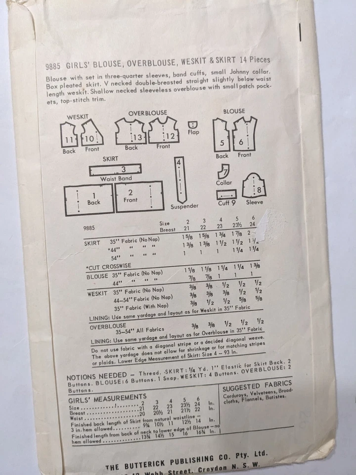 50s Vintage Butterick Pattern 9885 Girls Skirt,Weskit & Blouse Size 5 - Image 2 of 2