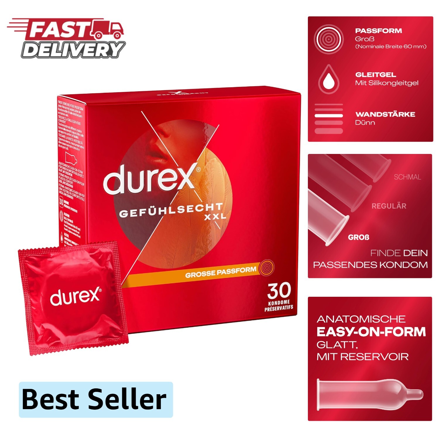 Durex Gefühlsecht XXL Kondome – Dünne Kondome mit großer Passform & mit Silik… Durex Gefühlsecht XXL Kondome – Dünne Kondome mit großer Passform & mit Silik…