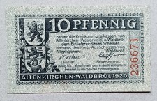 Notgeld Altenkirchen Waldbröl im Westerwald 10 pf 1920 wydanie komunikacyjne