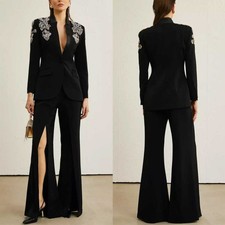 Women Black Crystals Suit Beaded Jacket Single Breasted Wedding Party Custom