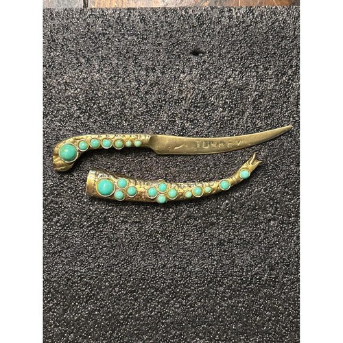 Vintage Brass Turkey Letter Opener Turquoise Inlaid Decorative Dagger Desk Knife