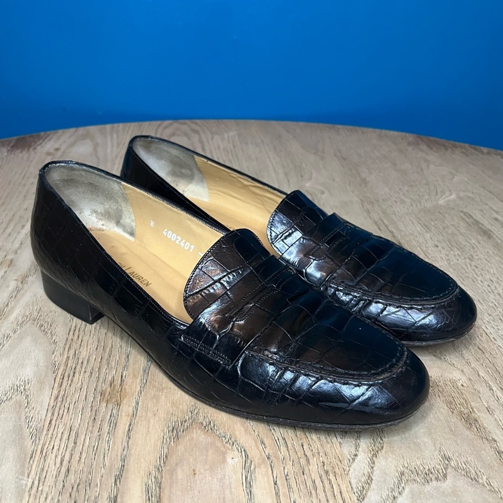 Vintage Ralph Lauren Italy Leather Embossed Croc Penny Loafers Womens Size 8.5AA