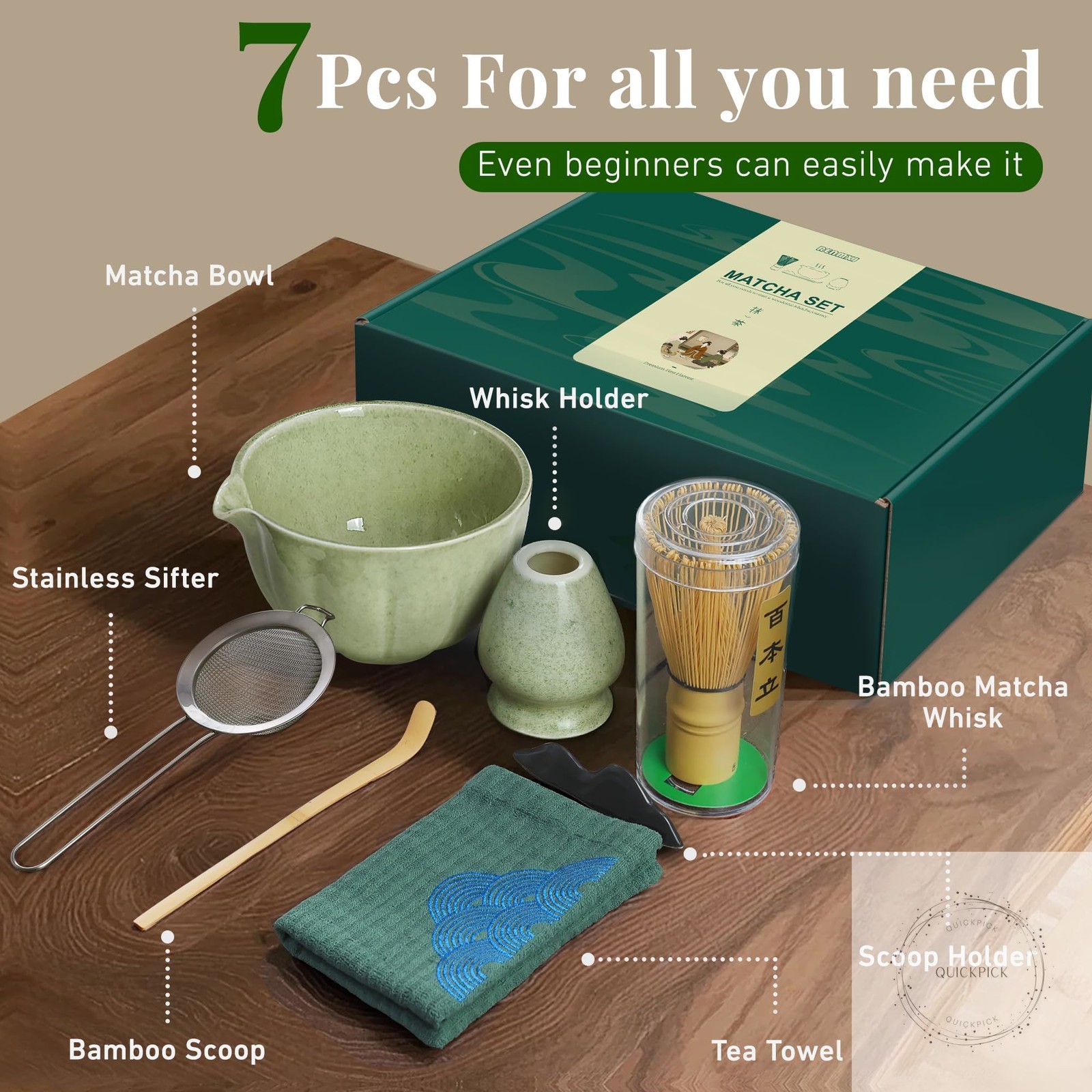 Matcha Whisk Set,7 PCS Ceramic Matcha Kit Includes Matcha Bowl with Spout Matcha