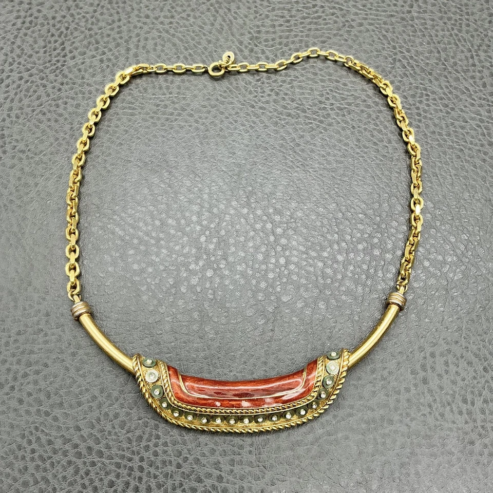 Винтажное ожерелье Orena Paris золотистая цепочка красная эмаль со стразами воротник 14 дюймов - Изображение 2 из 4