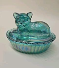 Westmoreland / Rosso - Cat Kitten on Nest - Iridescent Teal Carnival Glass