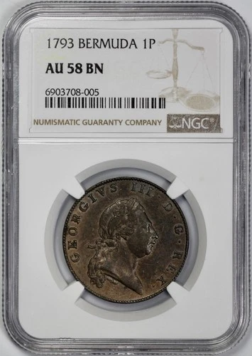 1793 Bermuda 1 Penny NGC AU 58 BN