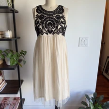 Anthropologie Vineet Bahl Ivory Black Beaded Tulle Cocktail Dress-Size Small