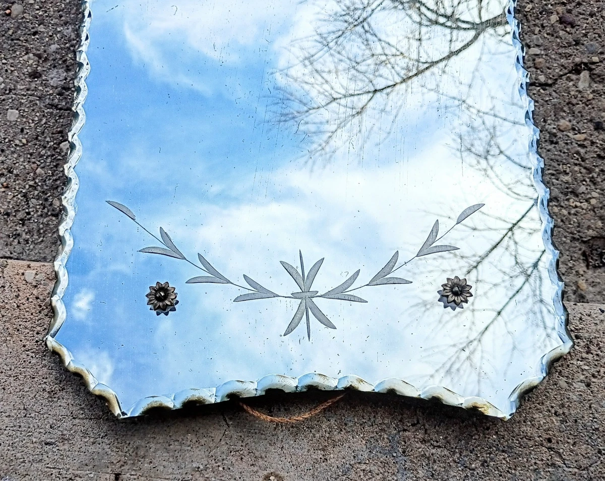 Antique Vintage Pie Crust Cut Beveled Floral Etched Wall Shaving Vanity Mirror