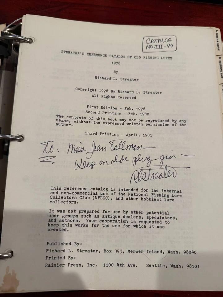 Catálogo Streater’s Ref firmado de señuelos de pesca antiguos 1978 – 3ª impresión 1981 Foto 2 de 4