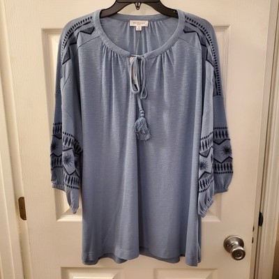 Westbound Plus 1X pullover top drop 3/4 slv embroidered blue NWT boho peasant