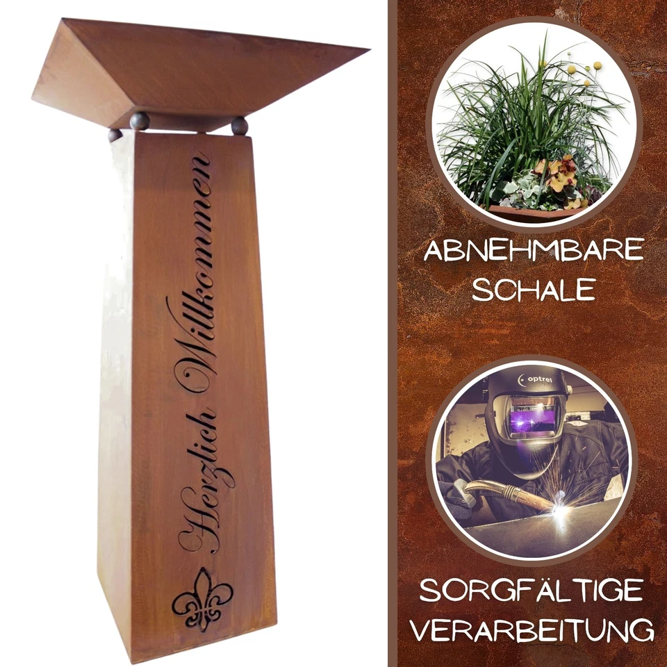 Metall Dekosäule Herzlich Willkommen mit Rost Schale 1 m Garten Deko Vintage - Bild 3 von 3