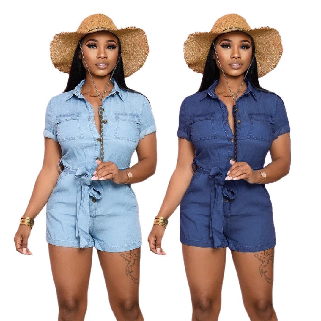 Lovely New Women Short Sleeves Buttons Patchwork Casual Short Denim Jumpsuit