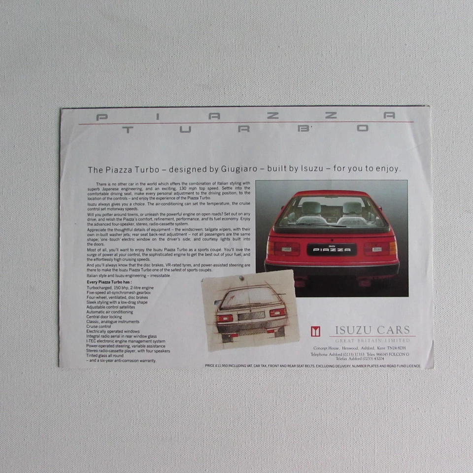 Isuzu Piazza Turbo Brochure Designed by Giugiaro - Image 4 of 4