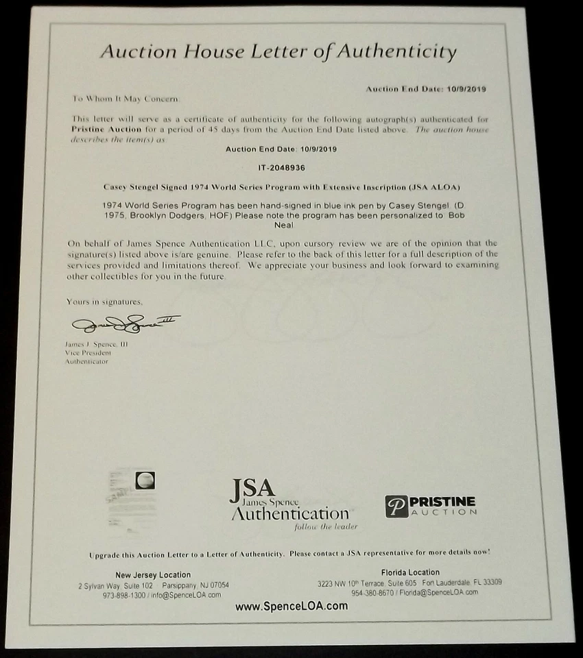 Casey Stengel Signed Inscribed HOF 1974 Baseball World Series Program JSA AH LOA - Image 3 of 3