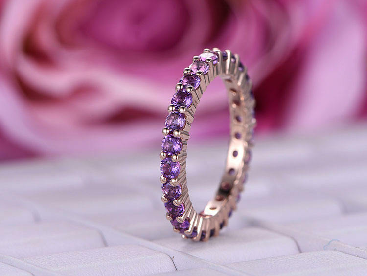 Natural Purple Amethyst Rose Gold Plated Full Eternity Wedding Band Ring-image