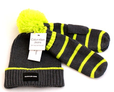 Calvin klein Gray & Green Beanie & Knit Stretch Mittens Youth Boy's 8-16 NWT