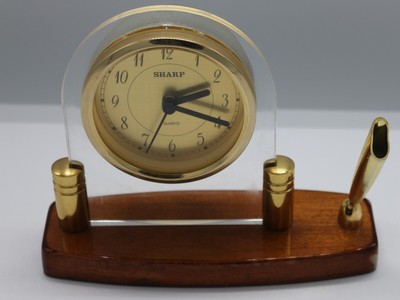 Sharp Wood / Metal Base Desk Clock w/ Pen Holder