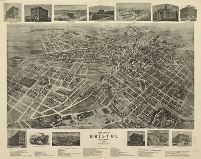 16'' x 20'' 1912 Birds eye map of Bristol, Va Aero view of Bristol