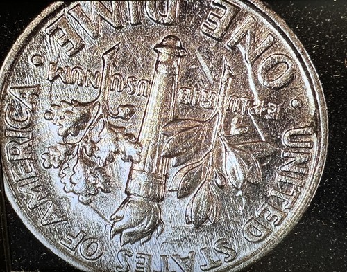 1996-P Roosevelt Dime *Clashed Dies* Error ! AU-58 . Full Face On Reverse. !!