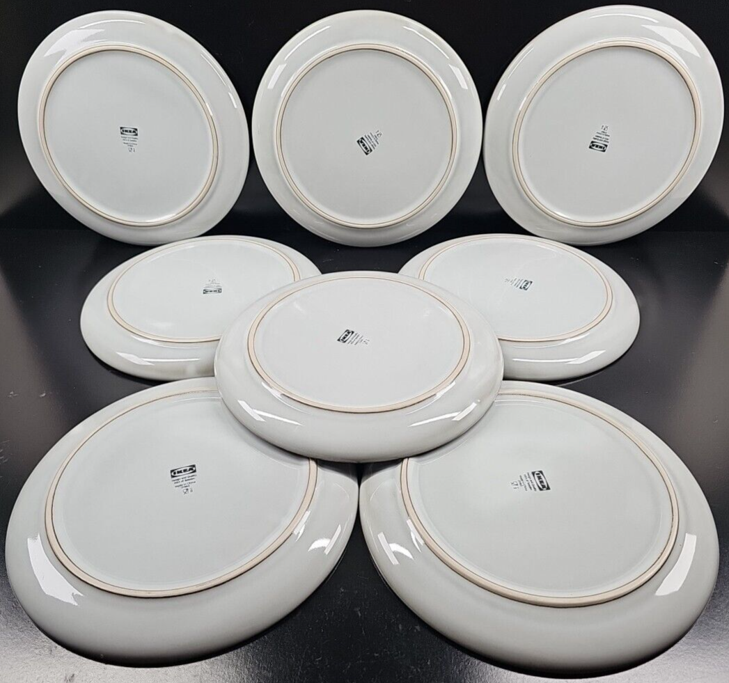 8) IKEA Gladelig Gray Dinner Plates Set Smooth Brown Trim Dining